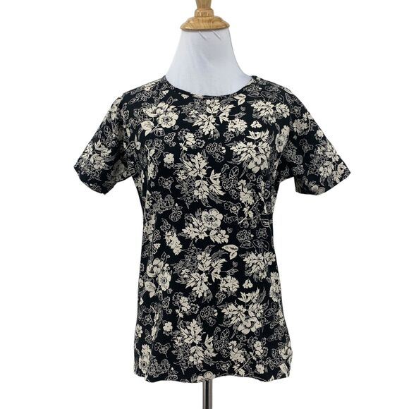 Eddie Bauer Shirt Womens S Small Black Beige Floral Short Sleeve Crew Stretch - Picture 1 of 12